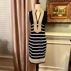 NWOT STS Sail to Sable Navy‎ White Stripe Mettalic Gold Shift Dress Size MEDIUM